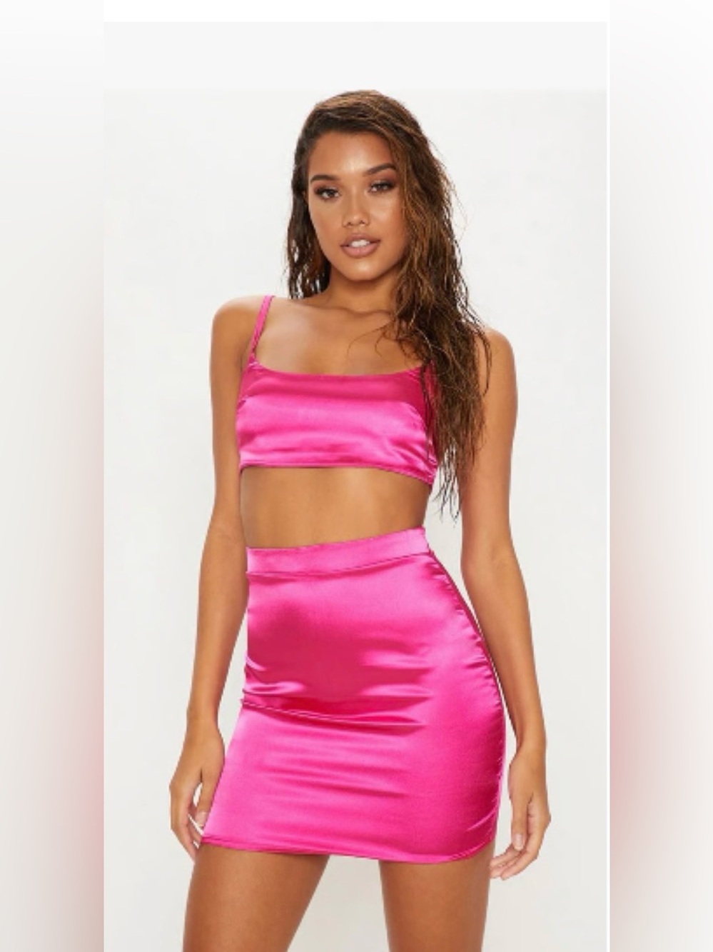 PLT Satin Crop Bralette and Skirt Set - Hot Pink